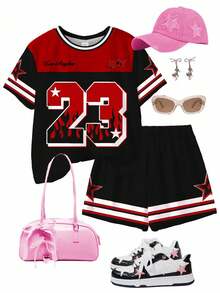 SHEIN Leap Crew 2件組青少年女孩運動球衣套裝，黑色與紅色USA Los Angeles 23號圖案休閒運動T恤與短褲，夏季牛仔粉色與棕色球衣 - 彩色 - 查看 2