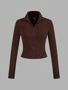 SHEIN EZwear 2pcs Dark Brown & Black Knit Zip-Up Long Sleeve T-Shirts For Women, Autumn/Winter - Multicolor - View 5