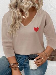 EMERY ROSE Women's Heart Print V-Neck Long Sleeve Plus Size T-Shirt, Popular For Autumn/Winter - Multicolor - View 3