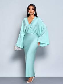 SOLERSUN Women's Elegant Mint Green Autumn Deep V Slim Long Dress, Loose Collar Fall Dresses For Parties,Dinner,Afternoon Tea,Daily Outings And Halloween - Green - View 4