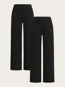 SHEIN EZwear 2 件套女士休闲高腰卷边阔腿直筒裤，适合夏季 - 黑色 - 查看 9