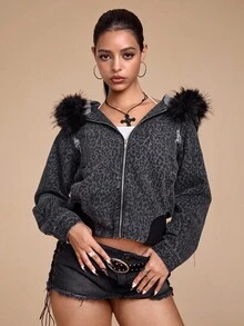 ROMWE Grunge Punk Quần jeans ống loe nữ cạp thấp có khóa kéo, túi đinh tán thêu họa tiết Punk - Xám - Xem 8