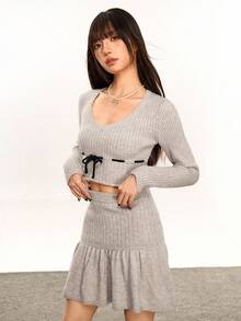 INAWLY Women's Casual Tie-Up Cuffed Cropped Fitted Sweater And Ruffle Hem Mini Skirt Set, Autumn - Light Grey - View 8