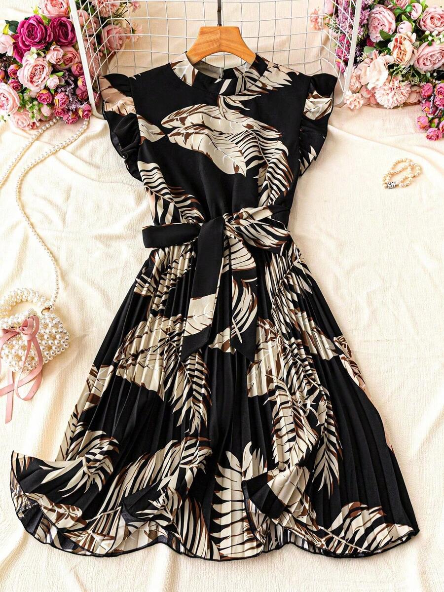 Franclia Floral Print Stand Collar Ruched Waist Vacation Mini Dress - Multicolor - View 1