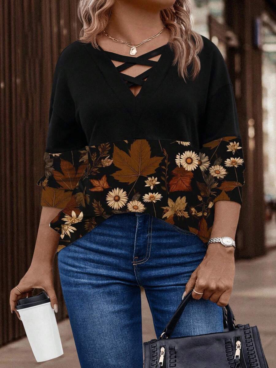 EMERY ROSE Women's Autumn/Winter New Arrival Bestselling Leaf & Flower Print Patchwork Design Plus Size Sweatshirt - Multicolor - View 1