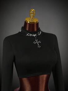 SHEIN ICON Camiseta de cuello alto con agujero para el pulgar y letra estampada en negro, estilo Gorpcore - Negro - Ver 4