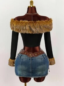 Amplova Áo thun dài tay hở vai cổ bẻ, thời trang và thanh lịch, thu/đông - Nhiều màu - Xem 3