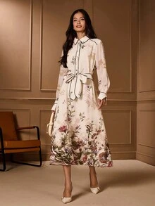 Lilora 女士优雅通勤碎花连衣裙冬装女装碎花连衣裙高端精致优雅 - 彩色 - 查看 1