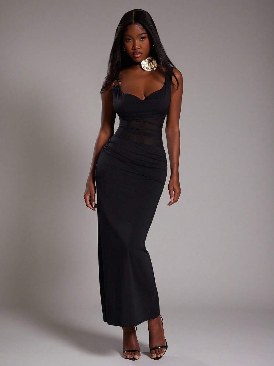 NYA SZN Dress V Neck Fitted Bodycon Asymmetrical Sleeve Metal Detail Special Occasion Wedding Birthday Prom Elegant Date Brunch Y2K Sexy Cute Maxi Length Fall Summer Fall Suitable For Commuting Statement Festival Kings Day Outfits For Women - Black - View 1