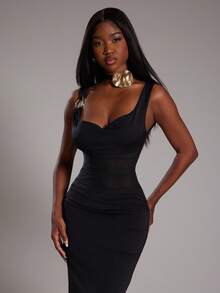 NYA SZN Dress V Neck Fitted Bodycon Asymmetrical Sleeve Metal Detail Special Occasion Wedding Birthday Prom Elegant Date Brunch Y2K Sexy Cute Maxi Length Fall Summer Fall Suitable For Commuting Statement Festival Kings Day Outfits For Women - Black - View 5