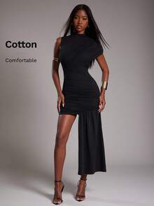 NYA SZN 连衣裙 短袖 立领 修身 紧身 褶饰细节 垂坠细节 特殊场合 婚礼 约会 早午餐 活动 夜晚外出 派对 俱乐部 迷你长度 秋冬 适合通勤 女士服装 - 黑色 - 查看 1