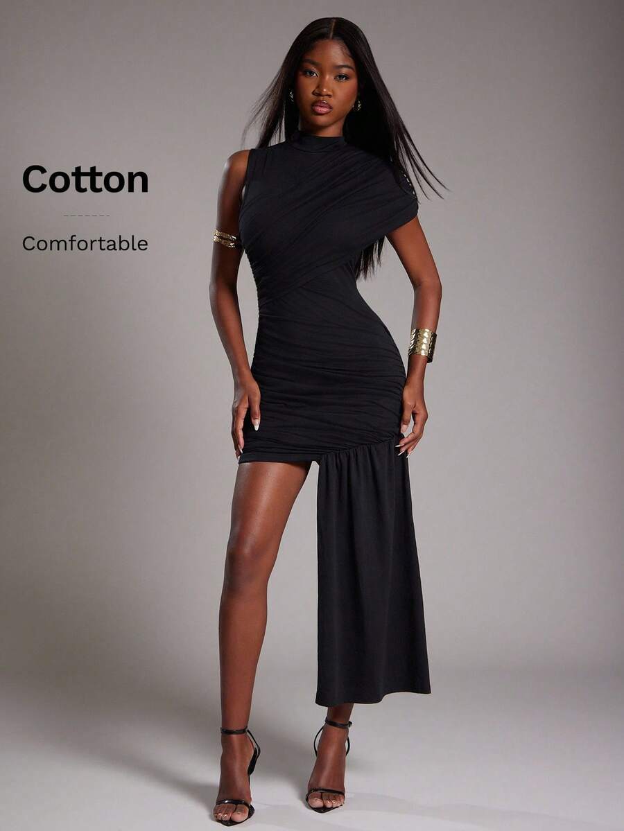 NYA SZN 连衣裙 短袖 立领 修身 紧身 褶饰细节 垂坠细节 特殊场合 婚礼 约会 早午餐 活动 夜晚外出 派对 俱乐部 迷你长度 秋冬 适合通勤 女士服装 - 黑色 - 查看 1