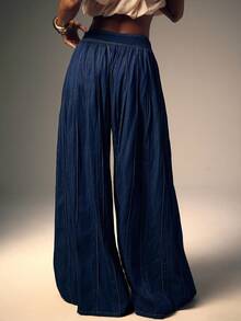 Denimoi Quần jeans denim ống rộng cạp cao xếp ly - Rửa tối - Xem 6