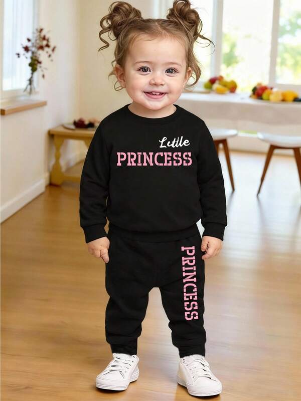 2pcs/Set Baby Girl Fashion Minimalist Colorful Letter Print "Little Princess" Crew Neck Fleece Sweatshirt And Letter Print Fleece Sweatpants Outfit, Suitable For Outings In Autumn/Winter