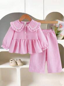 SHEIN Playful Pals 女宝宝荷叶边领条纹时尚可爱长袖T恤套装 - 粉色 - 查看 1