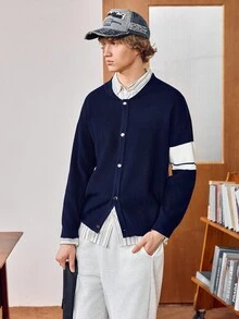 Manfinity Joysei 男士撞色休闲前扣圆领针织开衫，秋冬款 - 藏蓝色 - 查看 4