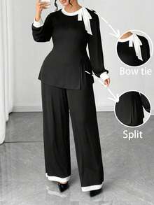 Elenzga Bộ 2 áo thun dài tay và quần dài co giãn cỡ lớn, trang phục mặc nhà và đi làm thường ngày - Đen và trắng - Xem 1