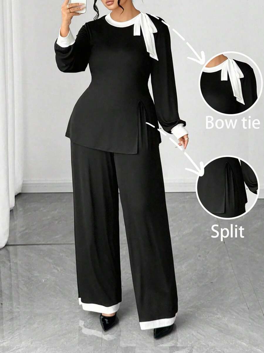 Elenzga Bộ 2 áo thun dài tay và quần dài co giãn cỡ lớn, trang phục mặc nhà và đi làm thường ngày - Đen và trắng - Xem 1