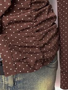 EgrlEra 女式圆点花纹荷叶边下摆短袖衬衫 - 黑色 - 查看 5