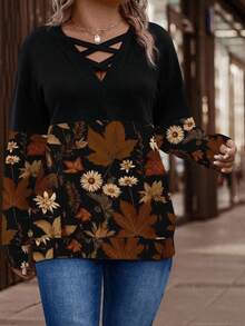 EMERY ROSE Women's Autumn/Winter New Arrival Bestselling Leaf & Flower Print Patchwork Design Plus Size Sweatshirt - Multicolor - View 3
