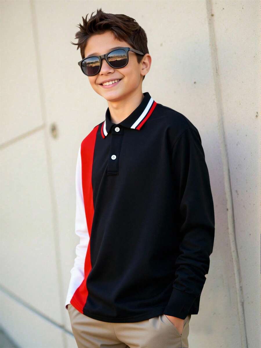 SHEIN 青少年男孩休闲拼色 Polo 衫，平领，适合秋季、春季、夏季、户外玩耍、学校、街头风格、派对和休闲