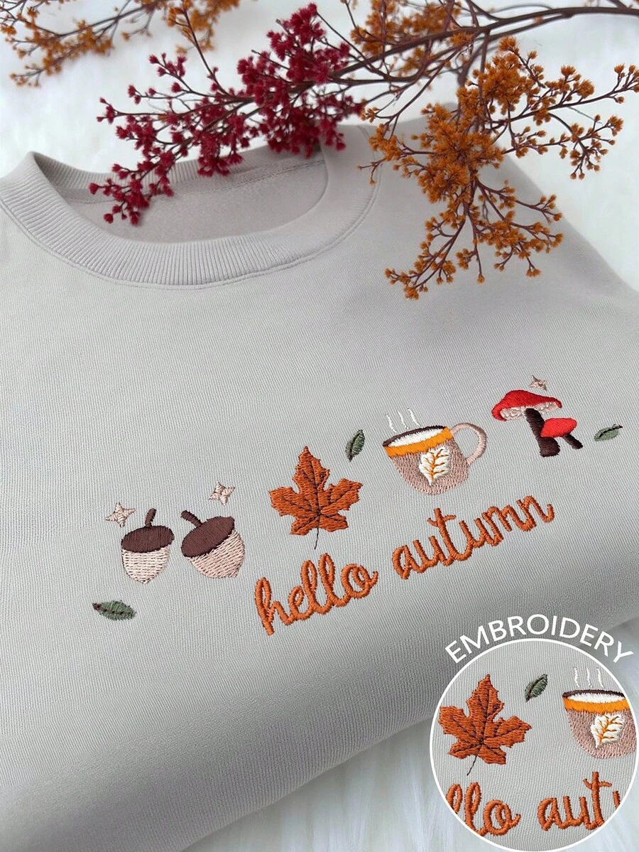 INAWLY Women's Autumn Maple Leaf Embroidery Pattern Crew Neck Sweatshirt - Apricot - View 1