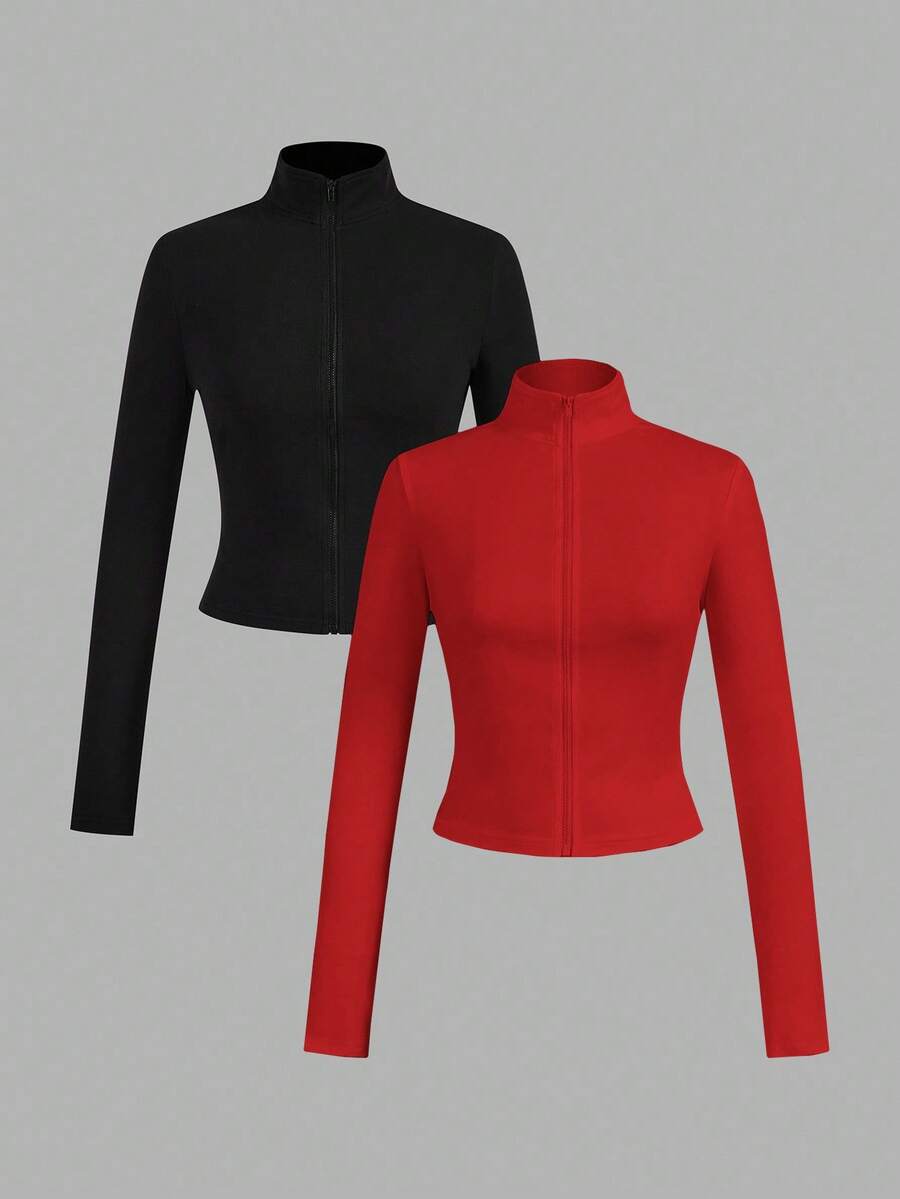 SHEIN EZwear 2 件红黑针织拉链长袖 T 恤，适合秋冬季 - 彩色 - 查看 1