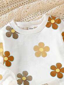 SHEIN Playful Pals 女嬰休閒可愛家庭套裝 花卉印花圓領衛衣與內搭褲套裝 秋冬款 棕色與黃色 深棕色 校園風 - 彩色 - 查看 4