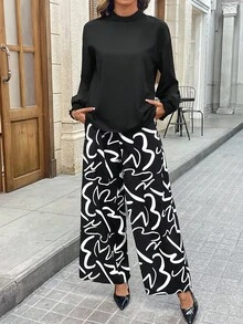 SHEIN LUNE طقم ملابس علوية شيفون + بنطلون واسع الساق بطبعة تجريدية - متعدد الألوان - مشاهدة 5