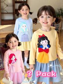 SHEIN 3件套年轻女孩针织可爱女孩图案圆领休闲T恤 - 彩色 - 查看 2