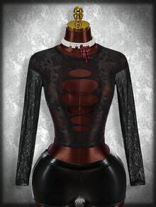 SHEIN ICON Short See Through Long Sleeve Top - Black - View 3