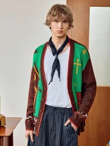 Manfinity Joysei 男士万圣节拼色南瓜图案开衫万圣节派对，万圣节毛衣万圣节开衫南瓜毛衣哥特毛衣毛衣开衫，秋冬 - 彩色 - 查看 4