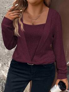 EMERY ROSE 女式柔软针织长袖休闲运动衫，加大码，秋冬 - 中紫紅色 - 查看 3