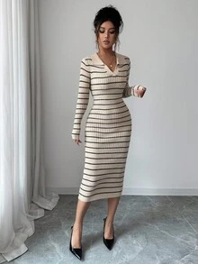 Elenzga 女装秋冬新款V领设计时尚优雅修身经典条纹针织长袖毛衣裙，百搭日常通勤 - 杏色 - 查看 6