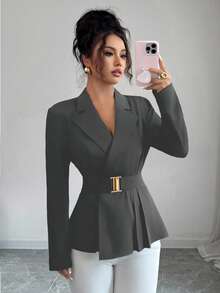 GlowEve 女式优雅缺口领收腰黑色西装外套 - 灰色 - 查看 4