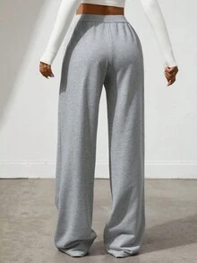 Flirla Tall 灰色 87 刺绣图案罗纹腰带低腰抽绳系带口袋直筒阔腿运动裤，适合高个子女性，秋冬，简约，百搭，休闲，舒适，运动，复古，适合通勤，学校，老师，日常穿着 - 灰色 - 查看 2