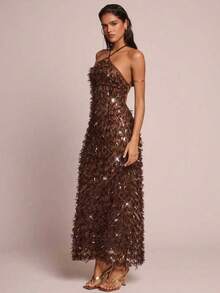 Glamine Damska sukienka w kolorze kawy z haftowanymi frędzlami i odkrytymi plecami, Sukienka damska w kolorze kawy, Elegancka sukienka na imprezę, Modna sukienka na wakacje z koralikami - Kawa - Zobacz 4
