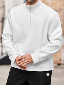 EASEVO Men's Plus Size Fashion Casual Solid Color Half Zip Pullover Sweatshirt, Fall, Winter, Long Sleeve Top - White - View 3