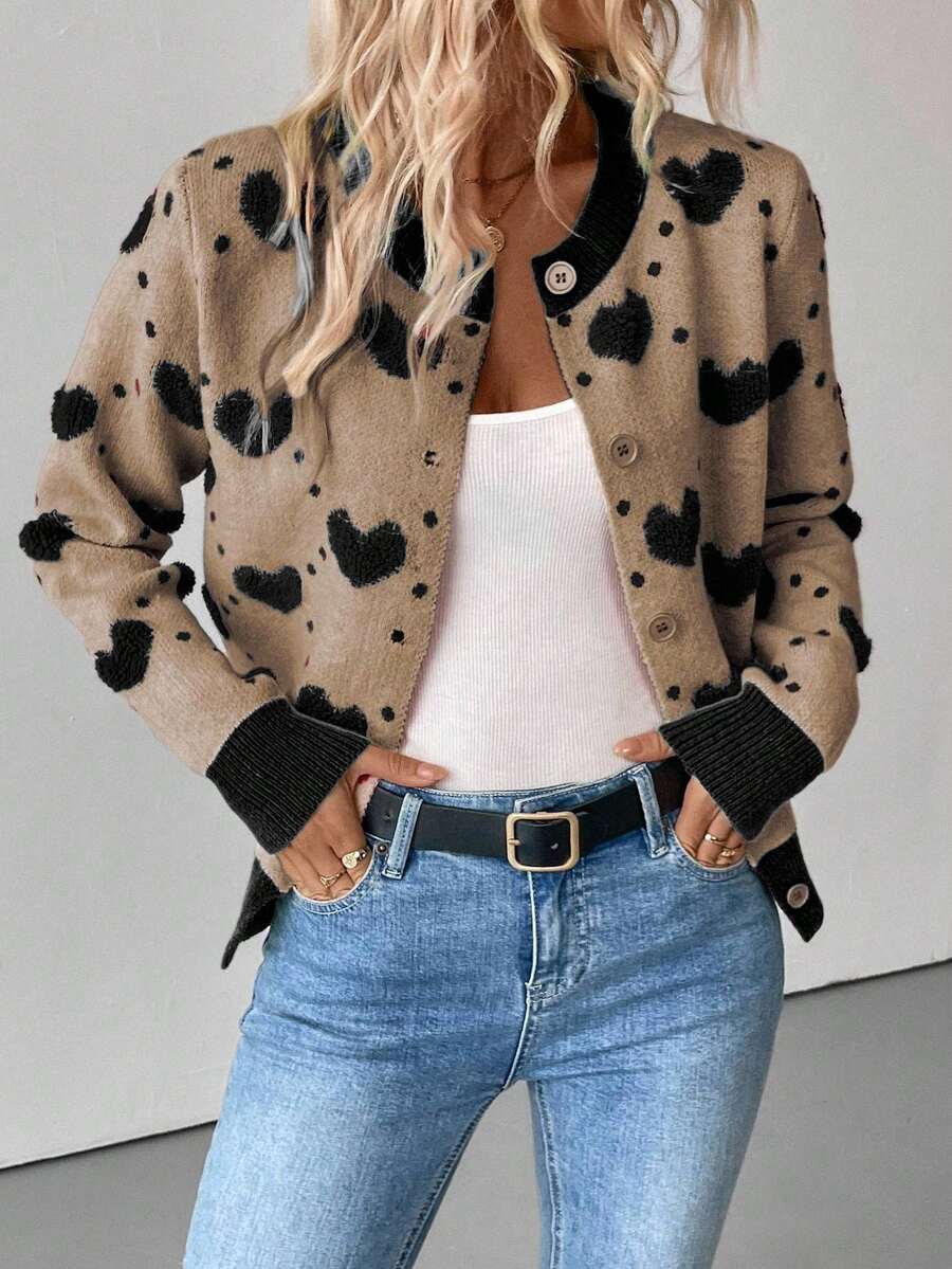 EMERY ROSE Loose Fit Intarsia Heart Knit Cardigan, Autumn/Winter Fall Cloth For Women - Khaki - View 1