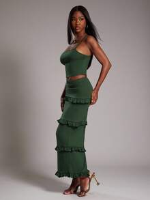 NYA SZN Conjunto de mujer (Top y Falda) Top básico corto ajustado de unicolor, Falda ajustada de cintura alta con volantes, Adecuado para salir, otoño e invierno, Apto para atuendos de oficina - Camel - Ver 6