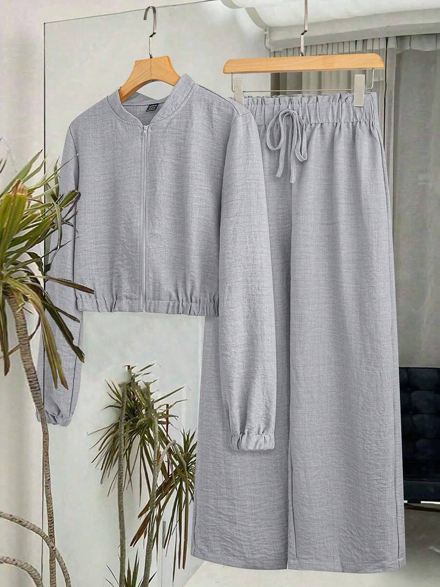 EMERY ROSE Women's Solid Color Casual Zip-Up Baseball Jacket And Wide Leg Pants Set, Autumn - Light Grey - View 1