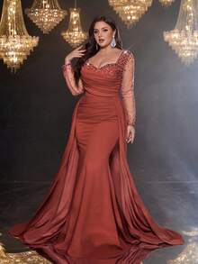 Glamrae Plus Size Elegant Romantic Withered Rose Color Square Neck Long Sleeve Sheer Luxury Rhinestone Bubble Ruffle Decor Mermaid Hem Embellished Formal Evening Gown - Rusty Rose - View 7