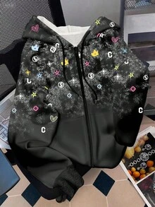 INAWLY 女士连帽卫衣，休闲街头风，带有酷炫星星图案，拉链夹克，适合户外、日常穿着、街头风格 - 黑色 - 查看 3