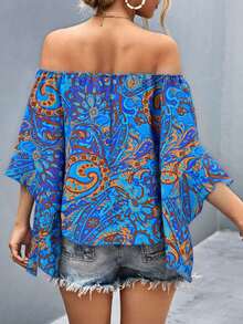 Breezaya Blusa de hombros descubiertos con estampado vintage para mujer - Azul - Ver 2