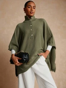 Lyxana Women's Solid Color High Collar Button Elegant Poncho Sweater - Army Green - View 3