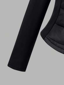 少女休闲时尚绗缝梭织面料风衣，棉质衬里，针织面料袖子和领子，修身设计，适合秋冬季日常通勤、郊游、派对、拍照 - 黑色 - 查看 4