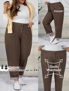 SHEIN CURVE+ 休闲时尚百搭简约纽扣口袋大码女式牛仔裤 - 棕色 - 查看 1