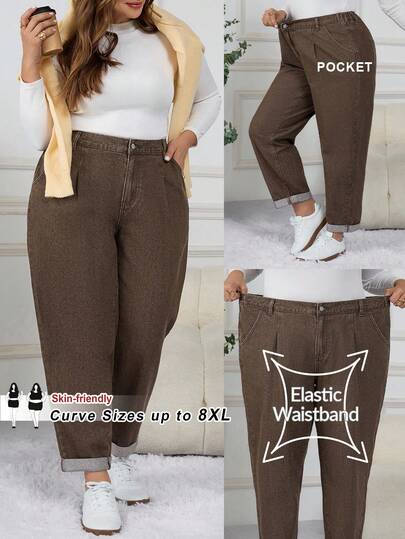 SHEIN CURVE+ Jeans casuales y versátiles de moda para mujer de talla grande con bolsillo y botones