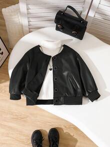 Áo khoác da PU cổ tròn tay dài màu nâu phong cách đường phố dành cho bé gái, thiết kế đơn giản với hàng nút viền đen đơn, túi giả, cổ tay và gấu áo có gân, áo khoác thời trang và thoải mái cho mùa xuân/thu - màu đen - Xem 3