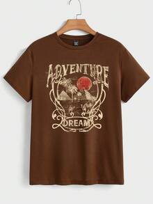 Manfinity Homme Montage Insel Pyramide Palme Grafik Muster Lässig Herren Braun T-Shirt